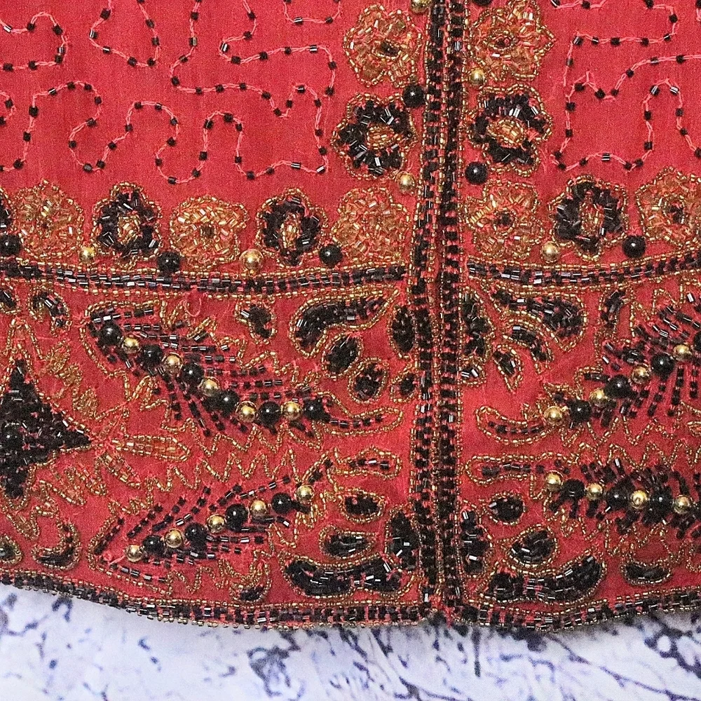 RED BEADED JACKET L Lawrence Kazar Vintage 80s 90s Formal 100% Silk Fall Winter - Picture 7 of 9